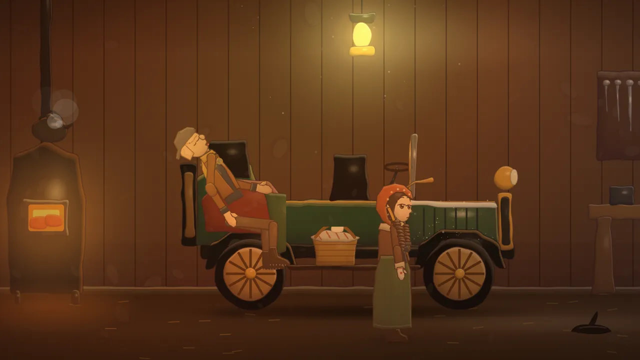 A plank garage at night, lit gold by a single paraffin lamp: a green open motorcar with big spoked wheels, a brass headlamp and frost on its hood fills the middle, and in its back seat Teo sleeps sitting up with his head thrown back and his mouth open, a red rug over his knees and one gaitered leg hanging over the side; a wicker basket under a white cloth rides on the running board; in front of the car stands Daina in a red knitted kerchief, a brown coat, mittens and a long green skirt, her braids over one shoulder, facing right; on the left a black pot-bellied stove glows orange with bricks in its mouth, and on the right hangs a rack of tools