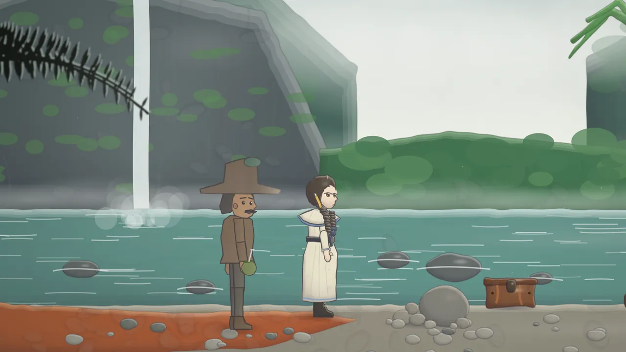 A misty river canyon in soft green and gray: a thin white waterfall pours down a mossy gray cliff into a wide teal river dotted with dark stones; on a strip of red earth by the bank stands Bento, a man with a mustache in a wide brown hat and a brown jacket, holding a round green gourd, and beside him stands Daina in a long white linen dress with a broad collar, her dark braids over her shoulder and a pencil behind her ear, looking out at the water; a dark fern frond hangs in from the top left, and a brown toolbox sits on the stony bank at the right