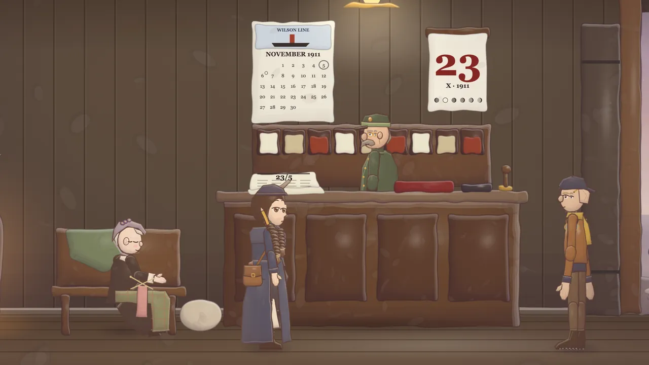 A plank customs shed in Riga at dawn, in warm browns: behind a high wooden counter stands Kalniņš, a round customs officer with a gray mustache, pince-nez and a green uniform cap and coat, in front of a row of pigeonholes; on the wall above him hang a Wilson Line calendar for November 1911 with a little steamer at the top and the 5 circled, and a tear-off calendar with a big red 23 over X · 1911 and a row of tiny moons; a folded newspaper marked 23/5 and a rubber stamp sit on the counter; in front of it stands Daina, a girl with long dark braids, a pencil tucked behind her ear, a navy ulster coat, a little navy toque and a brown satchel; on the left, Mrs Pym, an old lady in glasses, dozes on a bench with knitting in her lap beside a pale round hatbox, and on the right stands Teo in a cap, a leather jacket and a yellow scarf