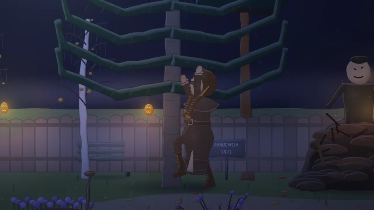 The sanatorium garden at night, in deep blue and violet: Daina, in a dark dress with a pointed cape collar and a belt, its skirt cut open up the side to show her laced boots, climbs the trunk of a monkey puzzle tree with both arms up, her two plaits hanging forward and a pencil stub in one of them; the tree’s long layered branches spread above her, a small blue plaque reading ARAUCARIA 1871 stands beside the trunk, two glowing orange lanterns carved with grinning faces sit on the wooden fence behind, a pale birch and a bench stand on the left, round purple flowers grow in the corner, and on the right a figure in a dark coat and cap with a round turnip head and a sly grin sits on top of a bonfire heap