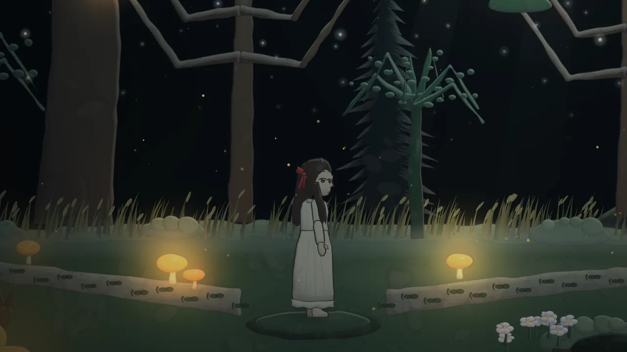 The Moon Glade at night: Daina, a girl with long loose dark hair and a red ribbon tied in a bow at the back, stands barefoot on a round dark stepping stone in a long pale nightgown with a frill at the hem, between two low birch logs; glowing orange mushrooms light the path on both sides, tall grass and the dark trunks of big trees rise behind her, the silhouettes of monkey puzzle trees with upturned branches stand against a black sky full of tiny lights, and a few white daisies grow in the lower right corner