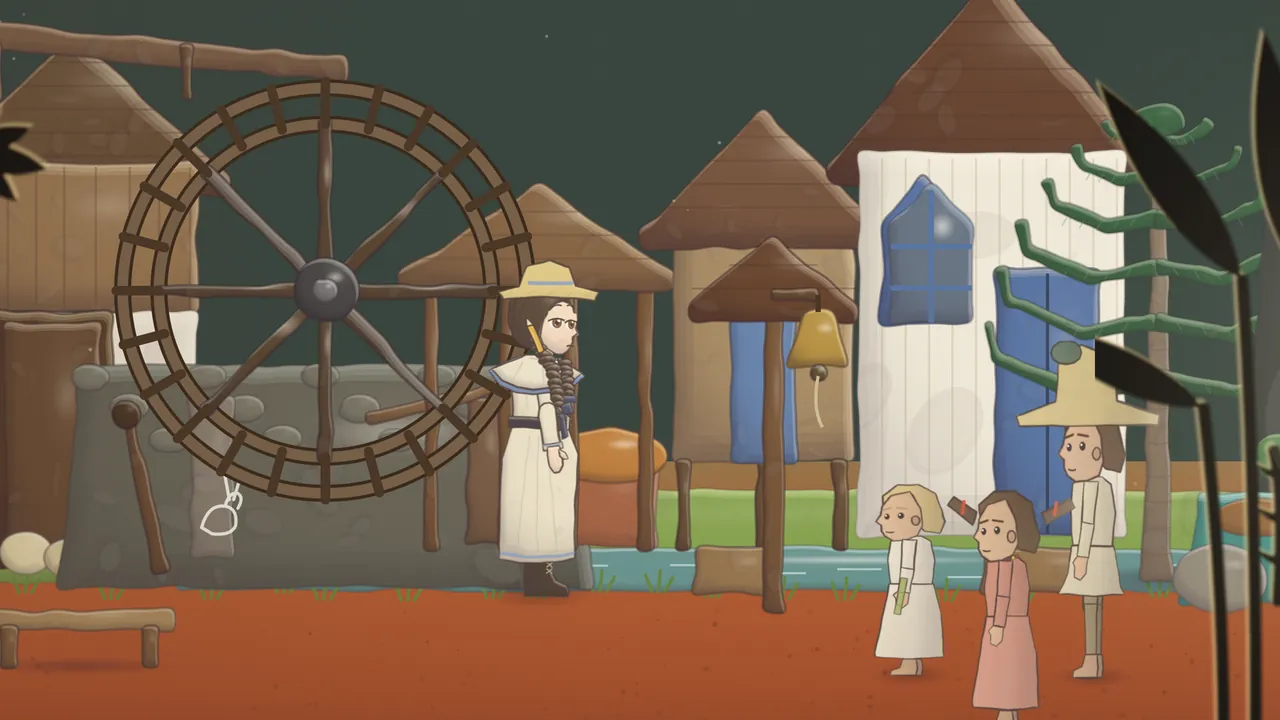 Rio Novo on red earth: Daina, in a cream linen dress and a short cape trimmed in cornflower blue, a straw hat with a blue band, laced boots and two dark plaits with a pencil stub, stands next to a big wooden water wheel on a stone mill wall; on the right, two small girls, one fair-haired in white and one in a pink dress, stand with a taller child in a wide straw hat in front of a white chapel with blue shutters and a blue arched window, a brass bell hangs on a post under a little wooden roof, wooden houses with brown pointed roofs fill the middle, and dark leaves frame the right edge