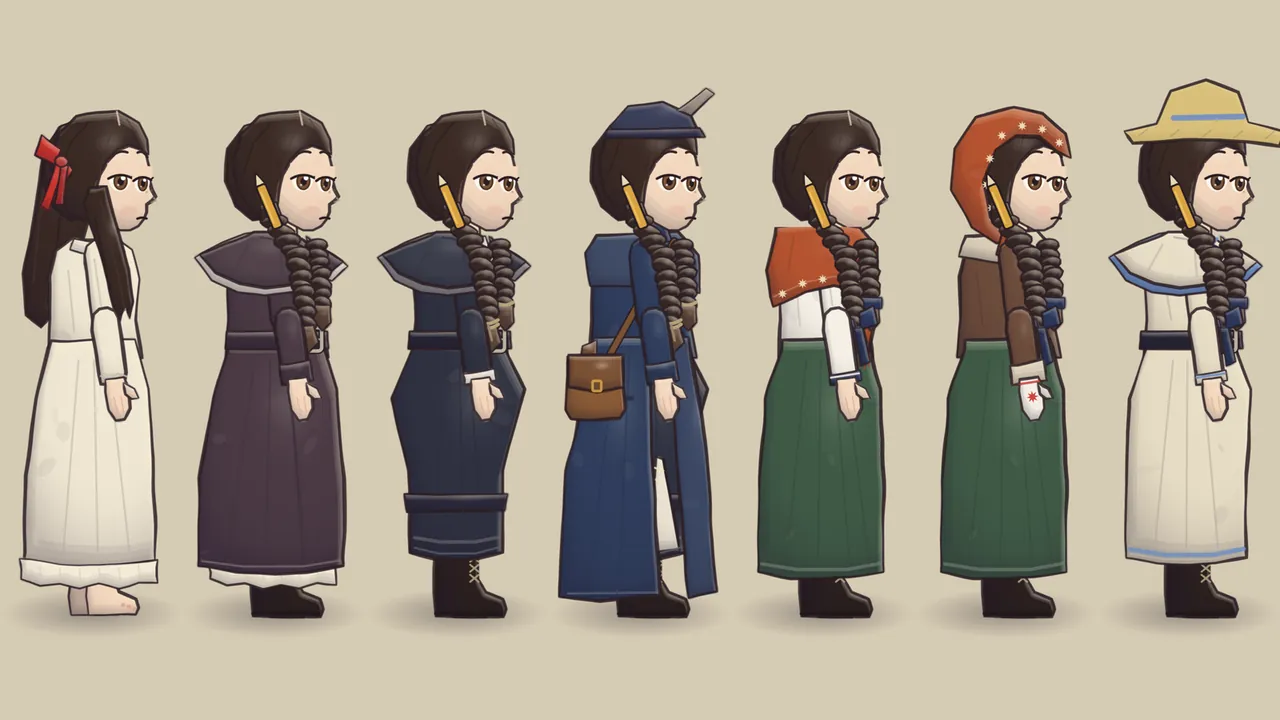 Daina’s seven outfits lined up in profile on plain beige paper, all facing right: a cream nightgown with bare feet and loose dark hair with a red bow; a plum dressing gown with a pointed cape collar and a belt over a white frill, with laced boots and two plaits, a yellow pencil stub stuck in the near one; a dark slate dress that narrows at the knees, with laced boots; a long blue ulster with a navy toque topped by a little gray feather and a brown leather satchel; a white blouse, a dark green skirt and a rust-orange knitted shawl; the same shawl worn over her head with a cream star border round her face, a brown jacket and white mittens with red stars; and a cream linen dress and cape trimmed in cornflower blue, with a straw hat with a blue band
