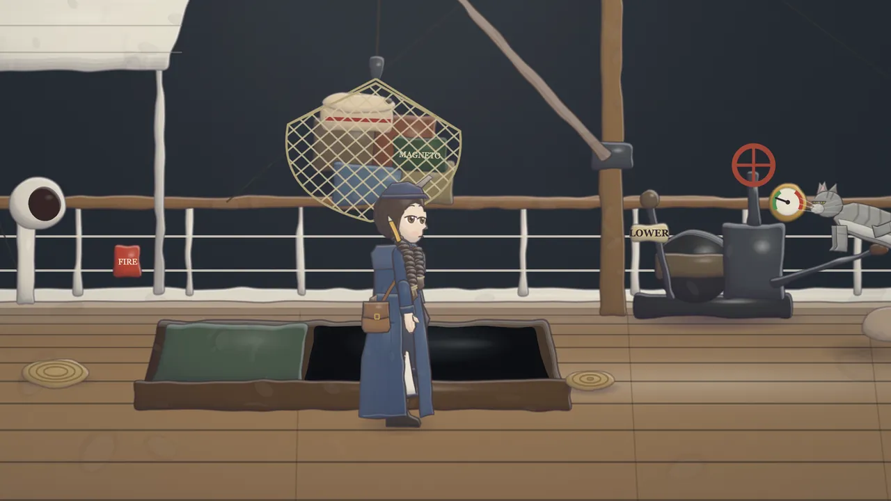 The deck of the SS Vindava under a dark sky: Daina, in a long blue ulster, a small navy toque and a brown leather satchel across her chest, stands by the open hold, with a green tarpaulin folded over one end of the hatch and the black hold gaping beside it; above her a cargo net full of bundles and crates, one of them marked MAGNETO, hangs from the boom, a red fire bucket hangs on the white rail on the left next to a white ventilator, and on the right stands a dark steam winch with a LOWER sign, a red valve wheel and a gauge, with a gray tabby cat stretched out on its lever
