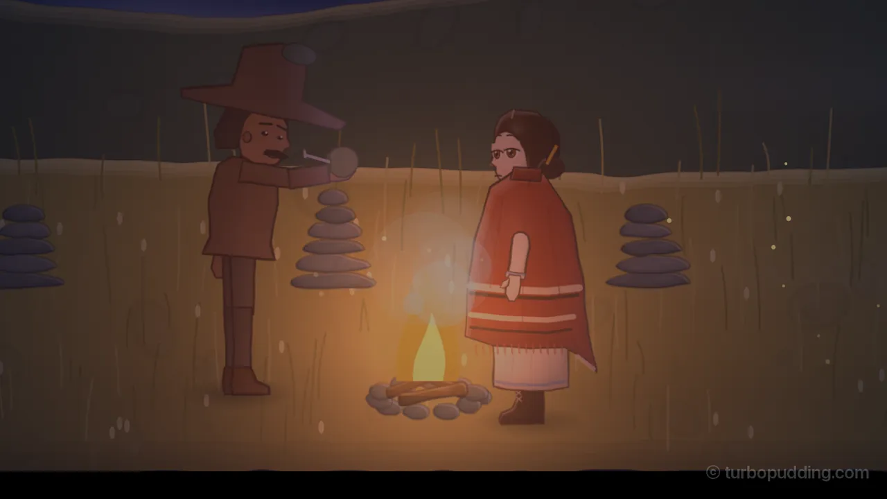 A high mountain meadow at night, lit only by a small campfire: on the left, Seu Bento, a broad man with a black mustache, a wide brown hat and a brown coat, without his poncho now, holds a round gray gourd out at arm’s length, its thin metal straw pointing back toward him, his eyes half closed; on the right, across the fire, Daina stands wrapped in his red poncho with pale stripes, which hangs down past her knees over the white hem of her linen dress, her dark hair pinned up with a yellow pencil in it, looking over at him; stacked stone cairns stand in the tall golden grass on both sides, and a few fireflies glow in the dark
