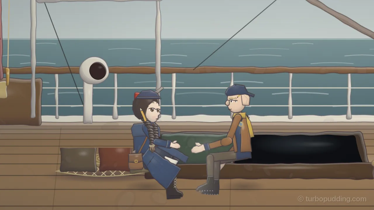 On the deck of a steamer under a pale gray sky, with the gray-green sea behind a white railing: Daina, a girl with two long dark braids, a navy toque with a little red bow, a long navy ulster coat and a brown satchel, a yellow pencil tucked behind her ear, sits at the corner of the hatch facing right with one hand held out; Teo, a young fitter in a backwards navy cap, a brown leather jacket and a mustard scarf, sits on the edge of the hatch facing her with his hand out too; between them lies a green tarpaulin and, to the right, the dark open hold; two cushions sit on a mat at the left, a white ventilator cowl rises behind Daina, and ropes and a wooden boom cross the sky above