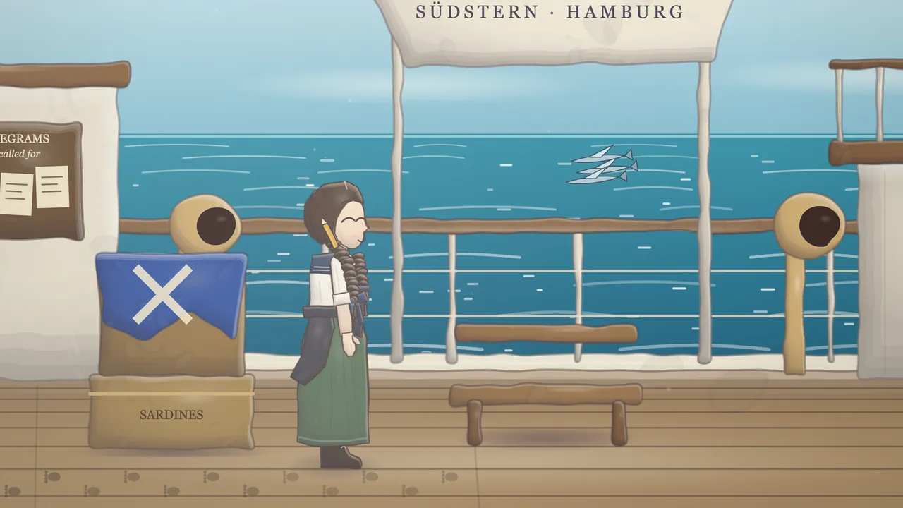 Daina stands smiling with her eyes shut at the ship’s rail on the Südstern’s stern, in a white blouse, green skirt and dark shawl, her coiled plaits over her shoulder; past the rail, three silver flying fish skip over the bright blue sea under a pale noon sky, a canvas board on two white posts reads SÜDSTERN · HAMBURG, a wooden bench stands by the rail, a brass ventilator rises on each side, the seat of crates with the blue flag stands on the left, and a white deckhouse with a railing on its roof is on the right