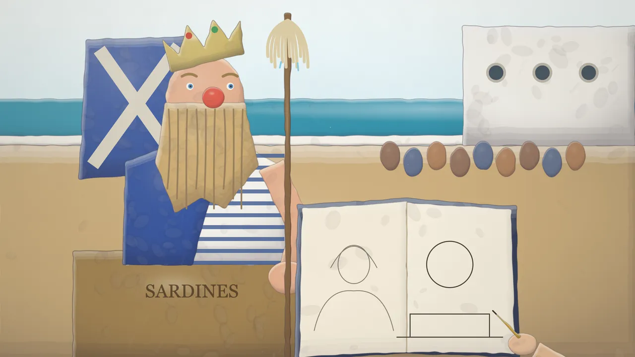 A close view of King Neptune sitting for his portrait on his throne of crates marked SARDINES, with a blue signal flag with a white cross over its back: he wears a gold tin crown with a red and a green stone, has wide blue eyes, a round red nose and a long beard of rope strands, a blue robe over a blue-and-white striped shirt, and holds a mop upright for a trident, its strings dripping; on the right Daina’s sketchbook lies open, with a pencil sketch of a woman in a shawl on the left page and just a circle and a box on the right page, and her hand holds a pencil at its corner; behind them lie the blue sea, a white deckhouse with three portholes and a row of round brown and blue shapes along the deck