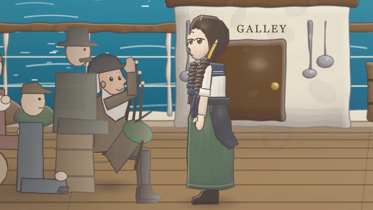 On the Südstern’s stern, an old man with a white beard, a dark cap and a brown coat sits among the third-class passengers and holds his bagpipes out toward Daina, the green tartan bag under his arm and the dark drones pointing up; Daina stands facing him in her white blouse, green skirt and dark shawl, with a pencil behind her ear, in front of the white galley with its brown door and two hanging ladles, while blocky passengers in caps and hats sit and stand on the left by the rail, with the blue sea behind them