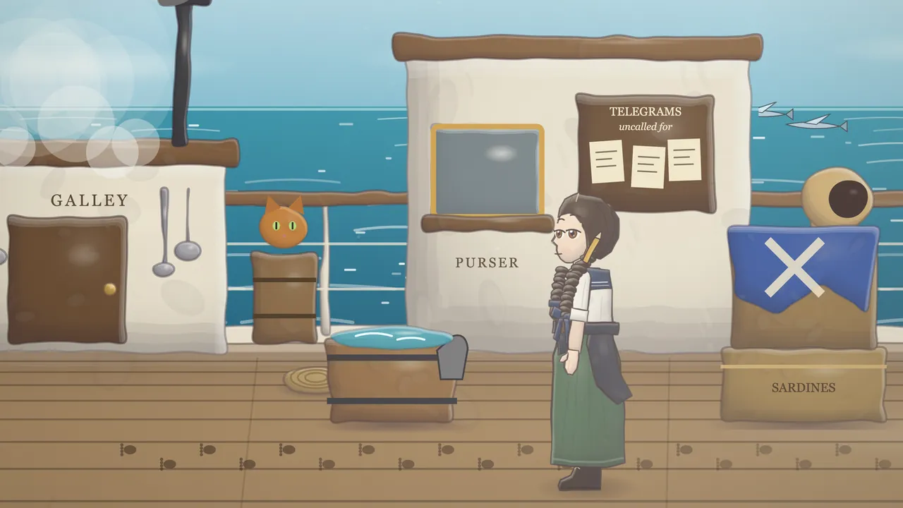 The third-class stern of the Südstern at noon near the equator: Daina in a white blouse with a sailor collar, a long green skirt and a dark shawl tied at her waist, her dark hair in long coiled plaits and a pencil tucked behind her ear, stands on the deck boards and looks left, toward a wooden barrel of blue seawater with a gray block hooked over its rim; behind the barrel an orange cat peeks over a small cask, the white galley with its brown door and two hanging ladles stands on the left under a puff of steam, a coil of rope lies by the barrel, two rows of small wet footprints run across the deck, and on the right a seat of crates marked SARDINES is draped with a blue signal flag with a white cross, with the sea and two flying fish beyond the rail