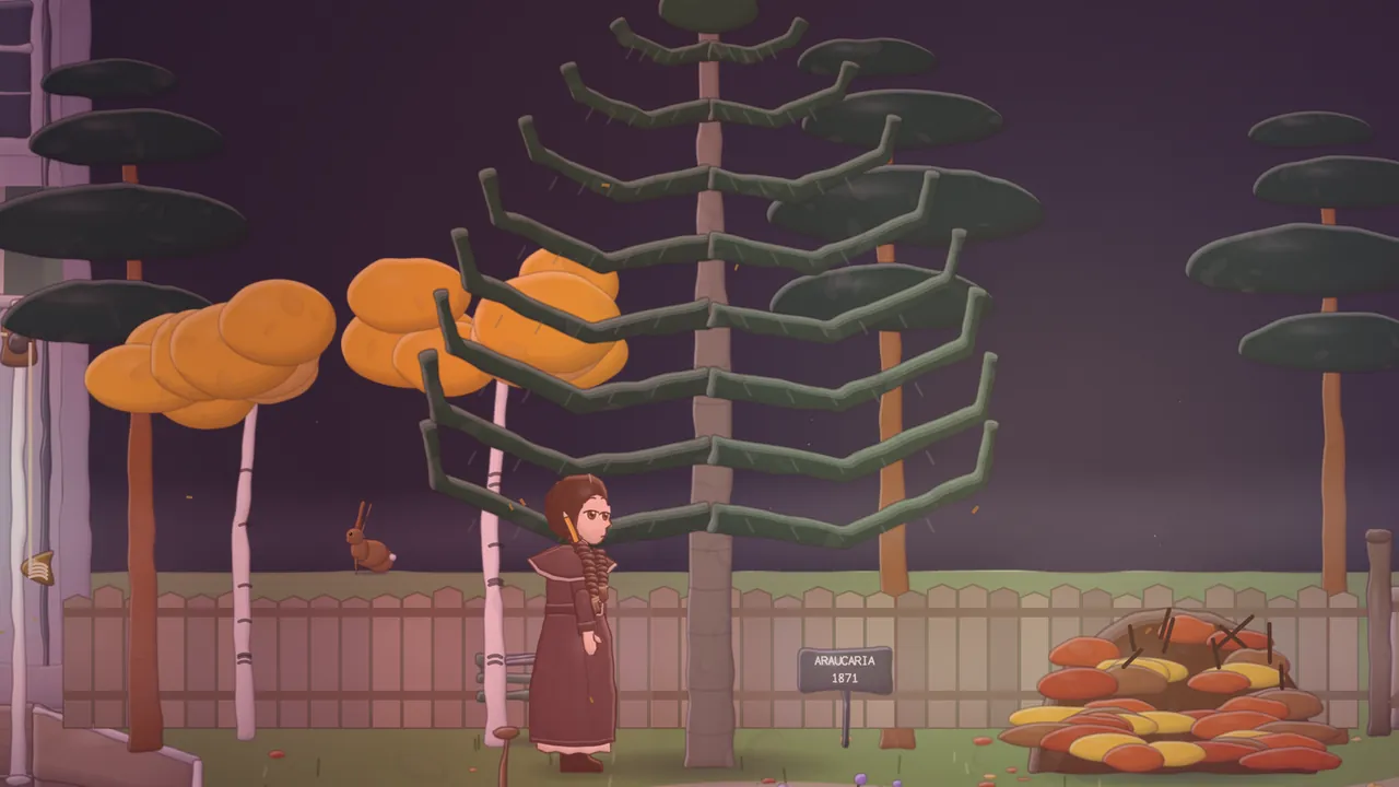 The sanatorium garden at dusk under a plum-colored sky: the whole monkey puzzle tree stands on the lawn with its long scaly branches raised like arms in tiers, Daina in a dark red-brown dressing gown with plaits looks up at it, a brown hare sits by a white birch with orange autumn leaves, flat-topped pines rise behind a wooden fence, a small plaque reads ARAUCARIA 1871 and a colorful heap of fallen leaves lies on the right