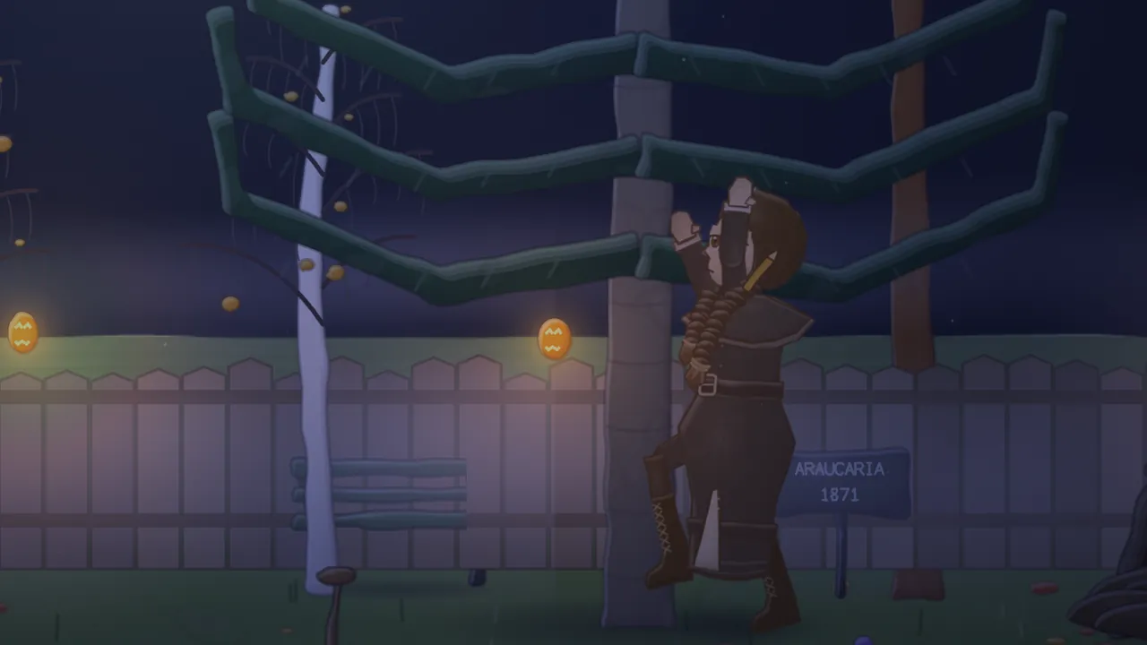 The garden at night: Daina, in a dark coat with a long slit up the side of her skirt and laced boots, climbs the gray trunk of the monkey puzzle with one boot on the bark and both arms reaching up for the lowest branch, while carved lanterns glow orange on the fence, a bare birch and the empty bench stand in the dark and the plaque reads ARAUCARIA 1871