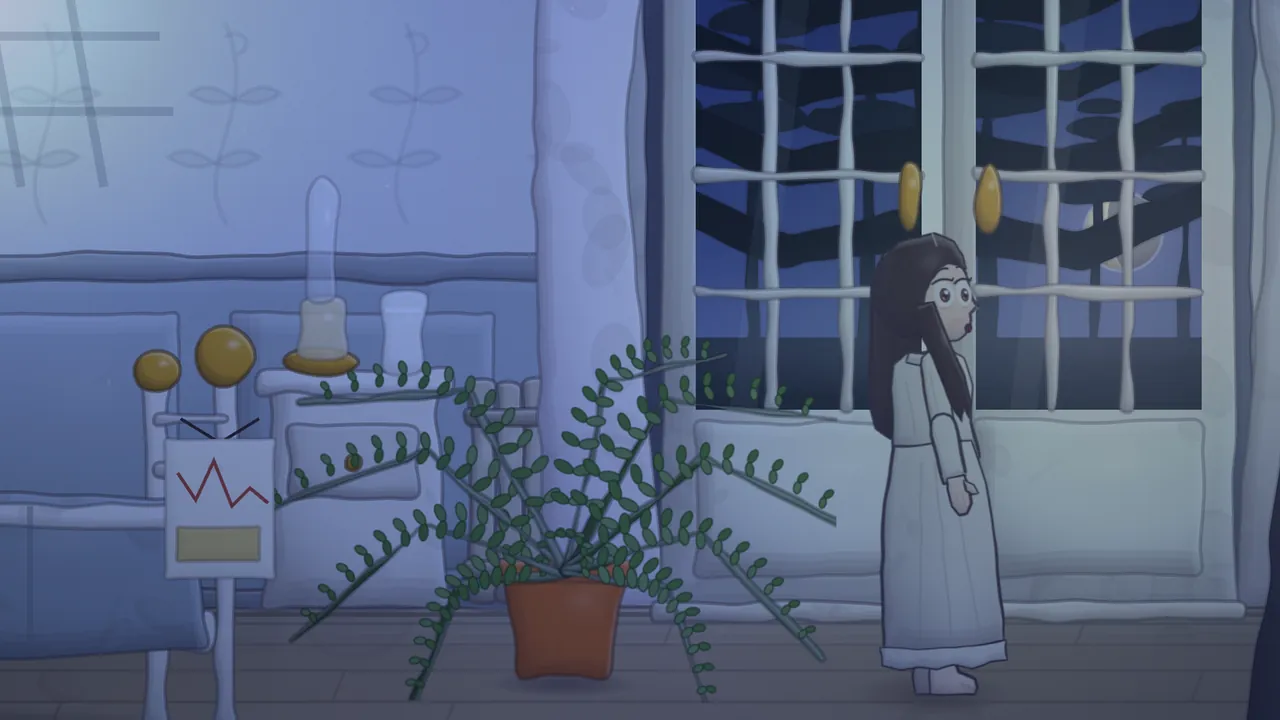 Ward Seven at night in blue moonlight: Daina in a long white nightgown, with long loose dark hair, stands at tall French doors and looks out, and through the glass the dark raised branches of a monkey puzzle tree stand against the night sky beside the moon, with a fern in a clay pot, an iron bed with a temperature chart and a candlestick on the bedside table in the room behind her