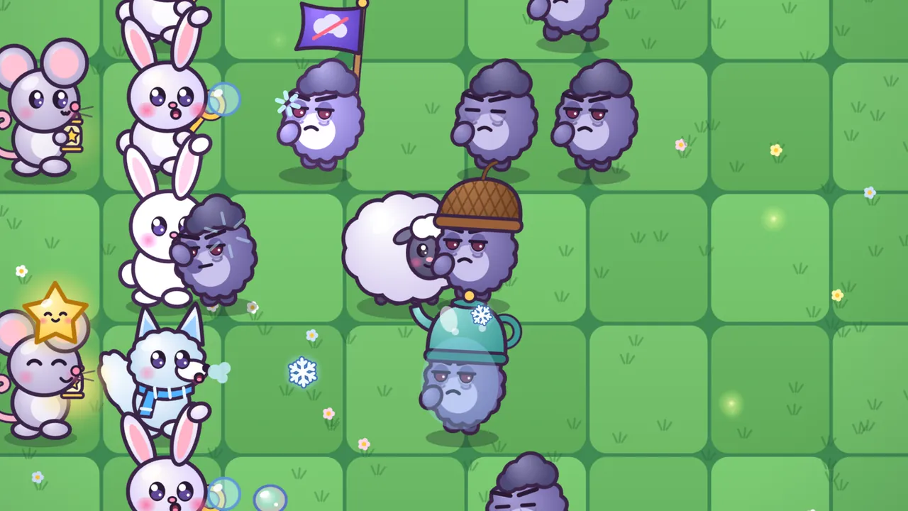 A busy green meadow lawn at night: a Flag Grump, a purple Grump carrying a purple flag with a crossed-out white cloud on it, leads a crowd of grumpy purple Grumps toward a column of white Bubbun bunnies blowing bubbles on the left; two Twinkle Mice with little lanterns stand behind them, one with a glowing star of stardust, and a Frostkit, a white fox kit in a blue scarf, breathes out a snowflake; in the middle, a fluffy white Woolly sheep is nibbled by an Acorn Cap Grump, a Grumplet nibbles at a Bubbun, and a Kettle Grump in a teal tea kettle shivers under a snowflake