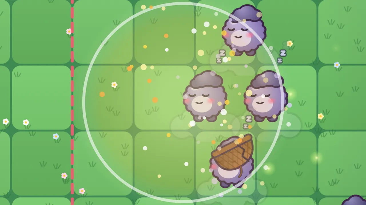 A green meadow lawn from night 5, Rolly Bowling, with a dashed red line running down the left: a big pale ring of light from a golden Rolly’s blast glows over the lawn, full of tiny gold and white sparkles, and inside it three purple Grumps with closed eyes and pink cheeks doze off on soft white clouds with little “z” marks floating up, while a fourth Grump’s acorn cap tumbles off over its sleepy face