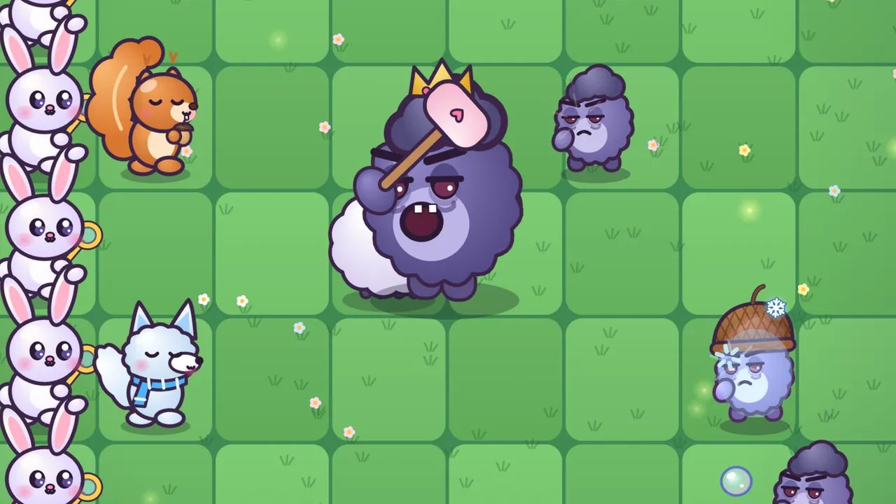 Night 10 on a green meadow lawn: Big Grumbo, a huge round purple Grump with a little gold crown and a wide-open grumpy mouth, holds a pink pillow mallet with a heart on it raised high, winding up over a fluffy white Woolly sheep half hidden in front of him; on the left stands a column of white Bubbun bunnies, with an orange Acorn Pip squirrel and a Frostkit, a white fox kit in a blue scarf, in front of them; on the right, a grumpy purple Grumplet walks up and an Acorn Cap Grump shivers blue under a snowflake