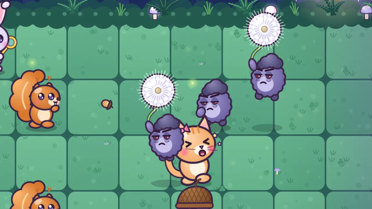 An orange tabby Achoo Kitty with a pink bow squeezes its eyes shut and opens its mouth, about to sneeze, with little stars around its head, right under a purple Grump hanging from a white dandelion puff; a second Grump stands beside the kitty, a third floats on its puff higher up and to the right, a Grump in an acorn cap waits just below, and two orange Acorn Pip squirrels stand on the left with an acorn flying toward the Grumps