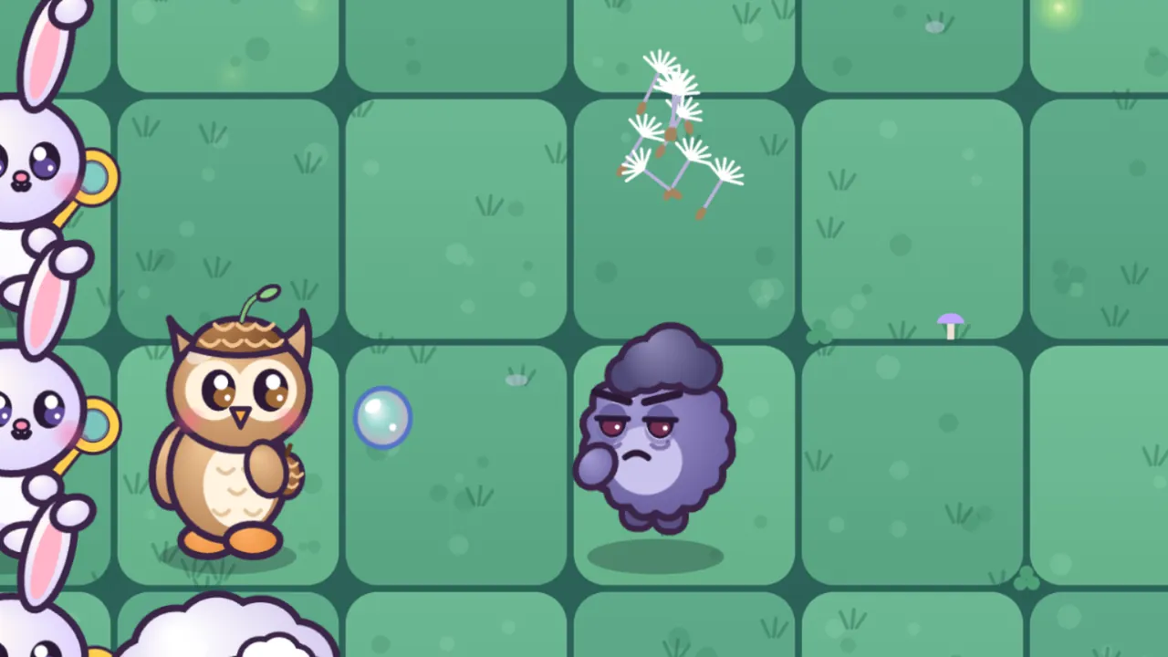 On the green lawn of the Whispering Woods, a brown Pinecone Owlet with big round eyes and an acorn-cap hat holds a pinecone, a soap bubble from the bunnies behind it flies toward a fuzzy purple Grump with red sleepless eyes and a grumpy frown that has just dropped onto the grass, and above the Grump a little cloud of white dandelion seeds on thin stems drifts away where its puff was; at the left edge two white bunnies with bubble wands stand one above the other, with the top of a fluffy Woolly sheep below them