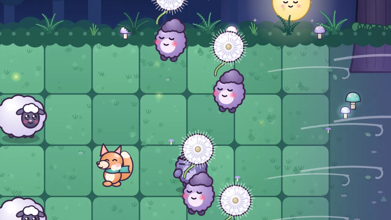 A little orange Whoosh Fox with a fluffy tail and a teal scarf stands on the lawn with its cheeks puffed out and its eyes squeezed shut, blowing; streaks of wind sweep across the right side of the picture, and purple Grumps hanging from big white dandelion puffs float off to the right with their eyes closed and pink cheeks, fast asleep, one of them high over the hedge under a smiling yellow moon, with a fluffy Woolly sheep at the left edge and glowing mushrooms by the trees on the right