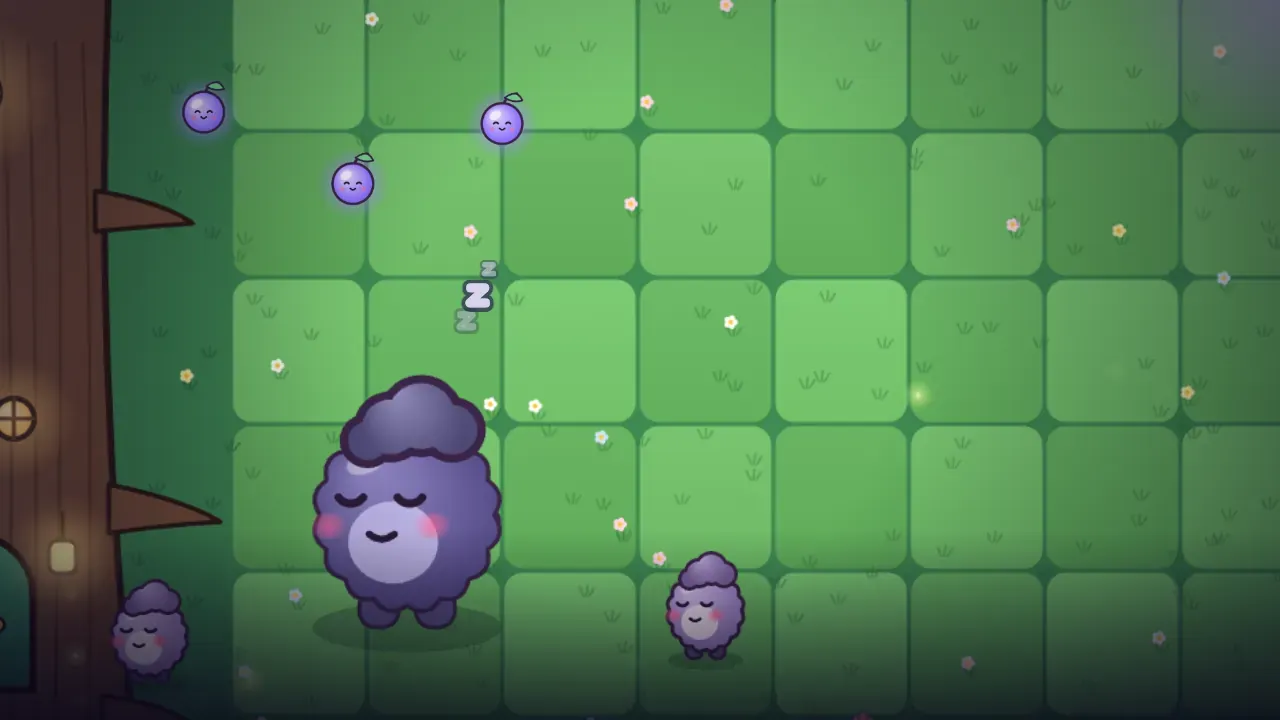 Big Grumbo, a huge purple fluffy Grump, fast asleep on the green meadow by the trunk of the Moonberry Tree with a Zz over his head, two small Grumps dozing nearby and three glowing moonberries in the grass