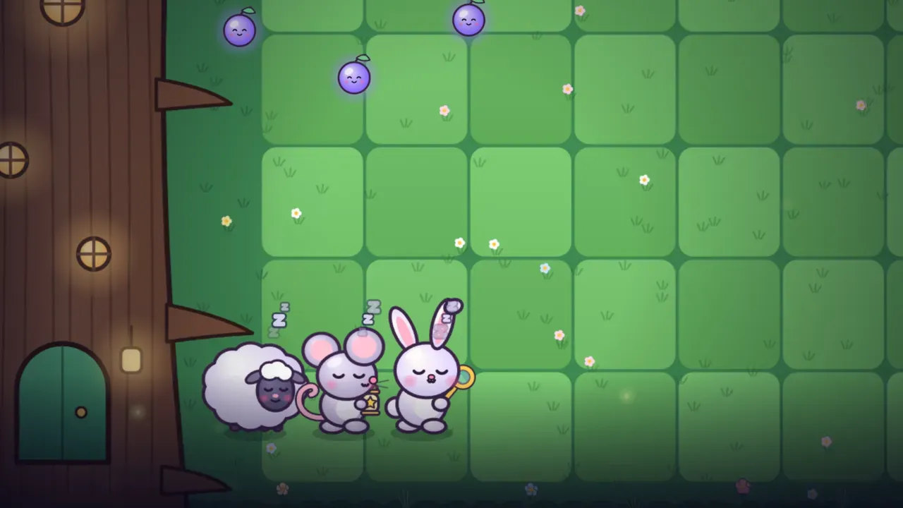 A fluffy white sheep, a gray mouse holding a little lantern and a white bunny with a bubble wand fast asleep side by side at the foot of a big tree trunk with round lit windows and a green door, Zz floating over their heads, three glowing purple moonberries with smiling faces in the grass above them