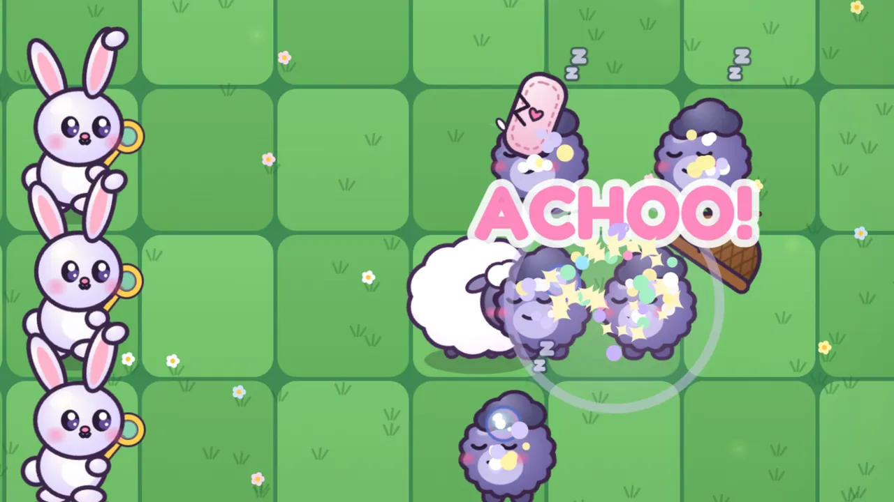 A big pink ACHOO! bursts in a cloud of glitter over a group of purple fluffy Grumps on the green meadow, all of them asleep with their eyes closed and Zz over their heads, an acorn cap flying off one and a pink pillow on another, a white sheep beside them and three bunnies with bubble wands on the left