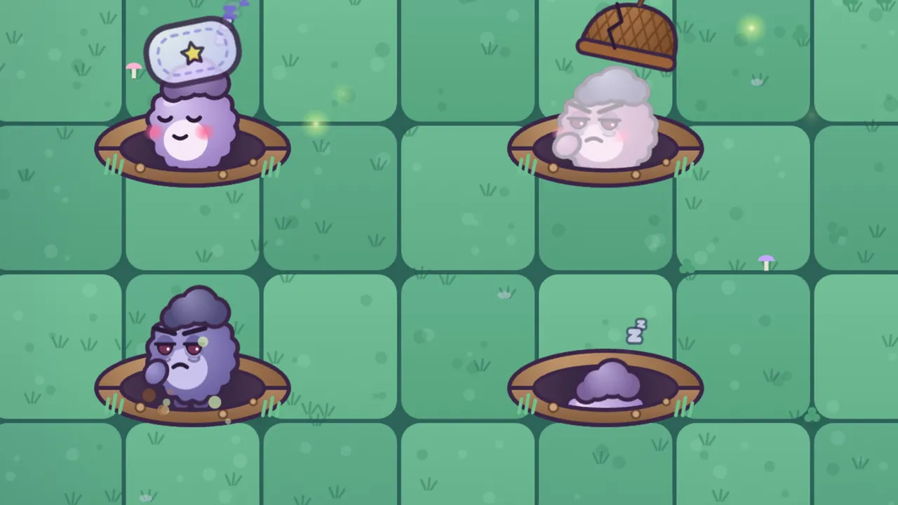 Four burrow holes in the grass: in one a smiling purple Grump sleeps with a little star pillow on its head and Zz above, in another an acorn cap flies off a cross Grump, a third Grump rubs its tired red eyes, and in the fourth a sleeping Grump sinks out of sight under a Zz