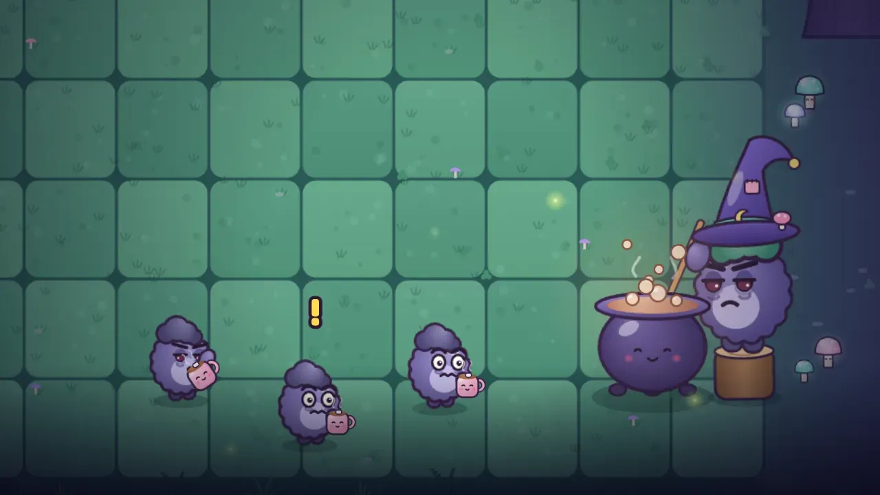 A dim forest meadow: a grumpy Grump witch in a tall purple hat with a mushroom on it sits on a tree stump stirring a smiling purple cauldron of bubbling cocoa, and three Grumps holding little pink mugs stare with wide, wobbly eyes, one with a yellow exclamation mark over its head