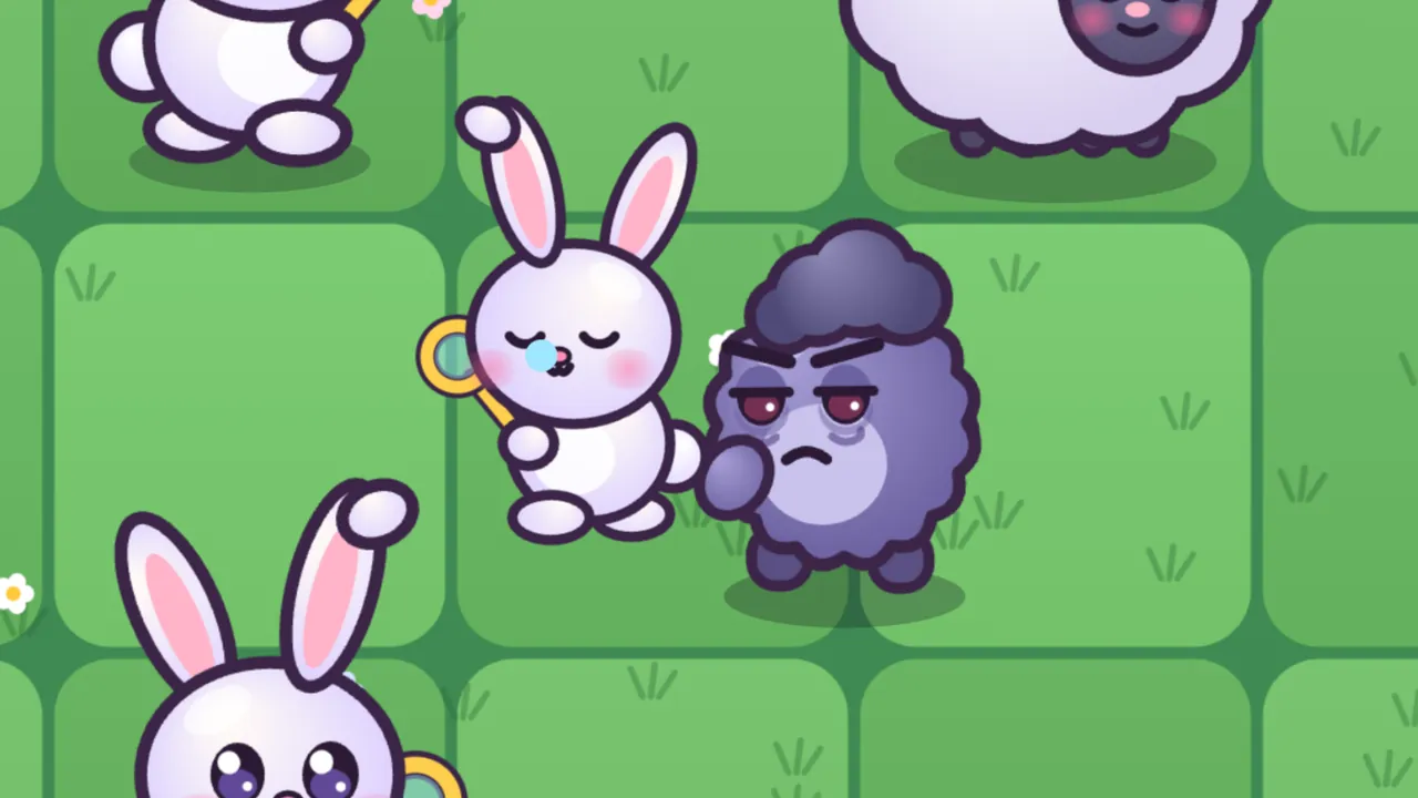 A close view of the night lawn: a white Bubbun with long pink-lined ears and a yellow bubble wand hops away to the left with its eyes squeezed shut and a little light blue tear on its cheek, while a round purple Grumplet with a dark fuzzy tuft, droopy red eyes and a frown stands right behind it, rubbing one eye with its paw; another Bubbun stands at the top left, a third peeks in at the bottom left, and a fluffy white Woolly stands at the top right