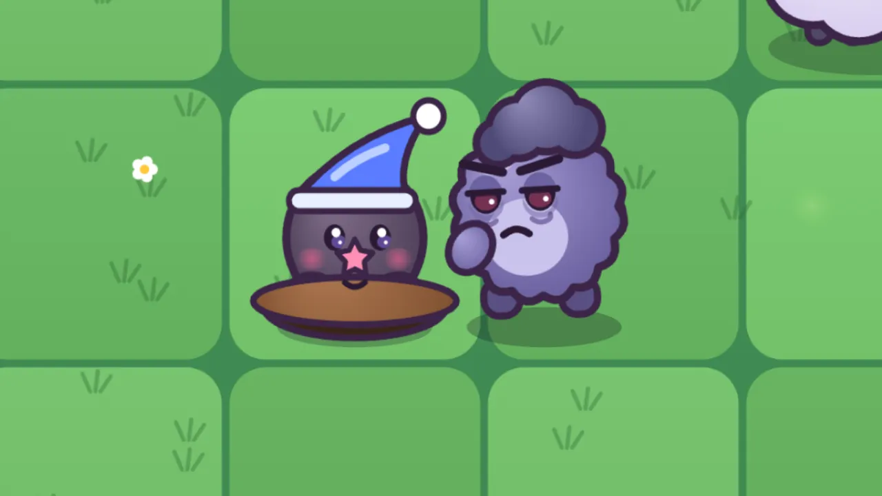A close view of the night lawn in Fluffenders: Dozy Mole, a round dark gray mole with a pink star-shaped nose, rosy cheeks and a blue nightcap with a white pompom, peeks out of a brown dirt mound, and right beside it a round purple Grumplet with a dark fuzzy tuft, droopy red eyes and a frown rubs one eye with its paw; the green lawn squares around them are empty except for a small white daisy, and the edge of a fluffy white Woolly shows in the top right corner