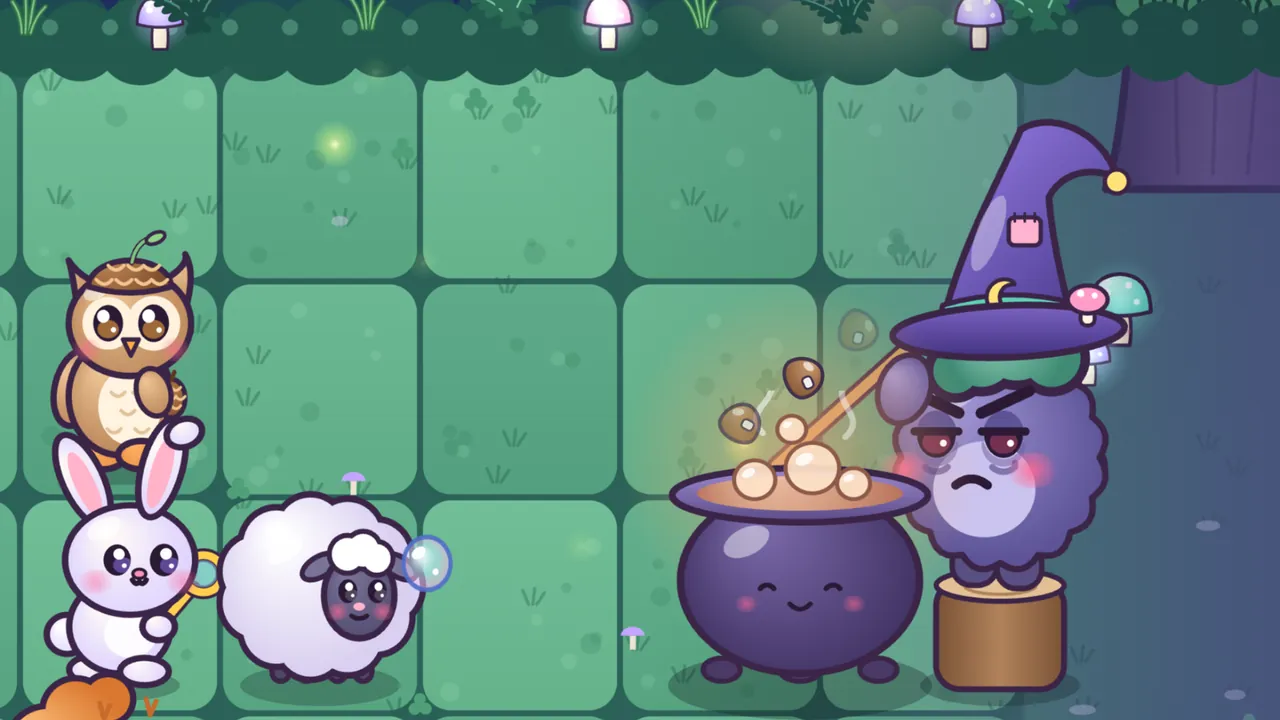 Grumbelda in the Whispering Woods, drawn large on the right: a round, fuzzy purple Grump witch with a frown and tired red eyes, in a tall purple hat with a patch, a little moon and a pink mushroom on the brim, sits on a tree stump and stirs a big round purple cauldron with a wooden ladle; the cauldron has a sleepy smiling face, pale bubbles boil over its rim, small blobs of cocoa rise from it and a warm orange glow hangs over the pot; on the left, a Pinecone Owlet in a pinecone cap with a little sprout, a Bubbun with a bubble wand and a fluffy white Woolly stand on the dark green lawn, a bubble floating toward her, with glowing mushrooms along the hedge at the top