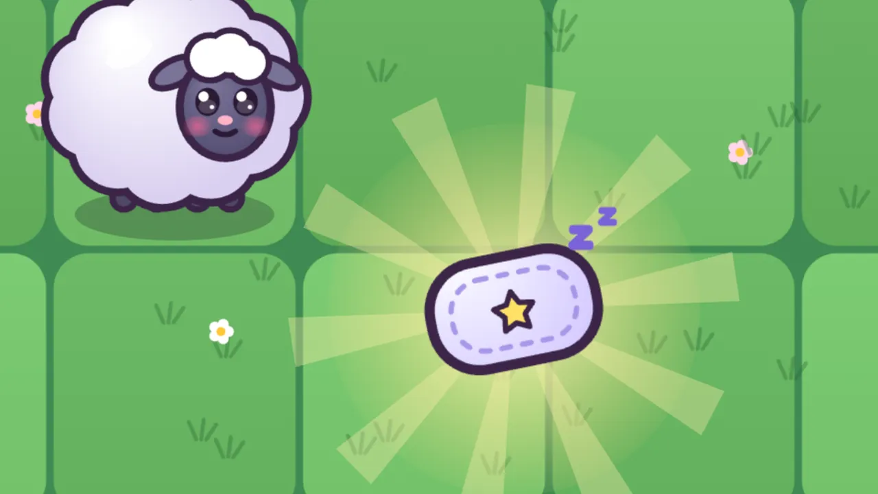 A close view of the night lawn: a small lilac pillow with a dashed stitched border, a yellow star in the middle and a purple z-z over one corner glows on the grass in a soft yellow light, with wide pale rays turning around it, while a fluffy white Woolly with a dark face and rosy cheeks stands in the square at the top left and looks on