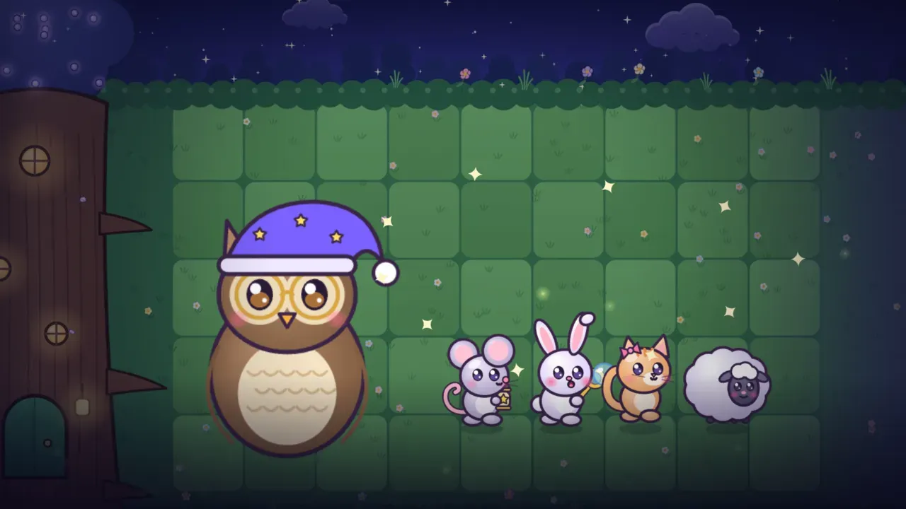 Granny Hoot, a big owl in a starry purple nightcap and round glasses, standing by the tree burrow with a mouse, a bunny, a kitten and a sheep