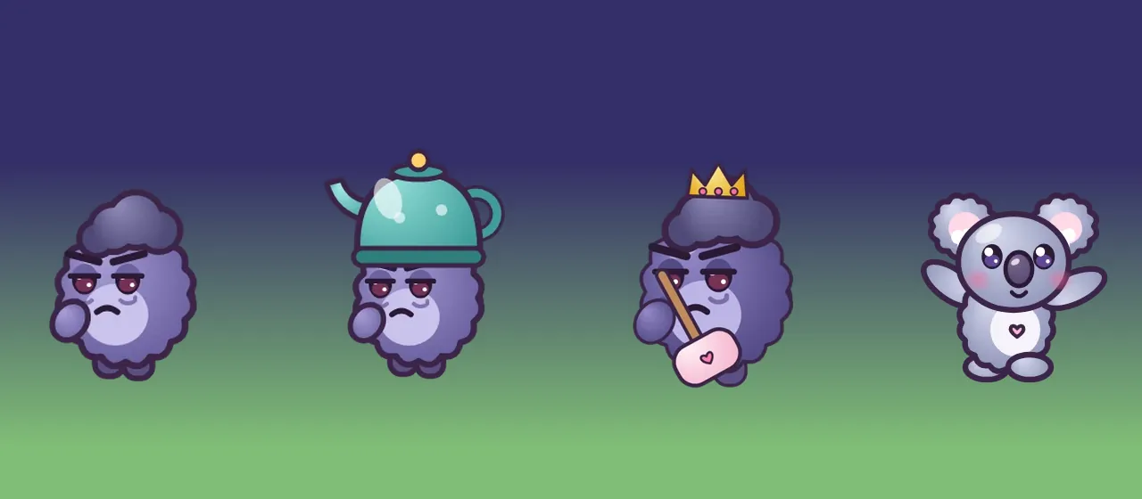 A Grumplet, a Kettle Grump with a teal kettle on its head and Big Grumbo with his crown and pillow mallet, then Huggy Koala with open arms