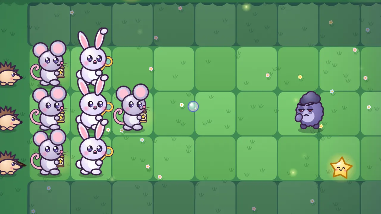 Night 2 on the moonlit meadow: four Twinkle Mice with little star lanterns and three Bubbun bunnies with bubble wands stand at the left of the lawn, three Rolly hedgehogs wait by the burrow, a single soap bubble floats toward one lone purple Grumplet in the middle row, and a glowing smiling stardust star lies on the grass