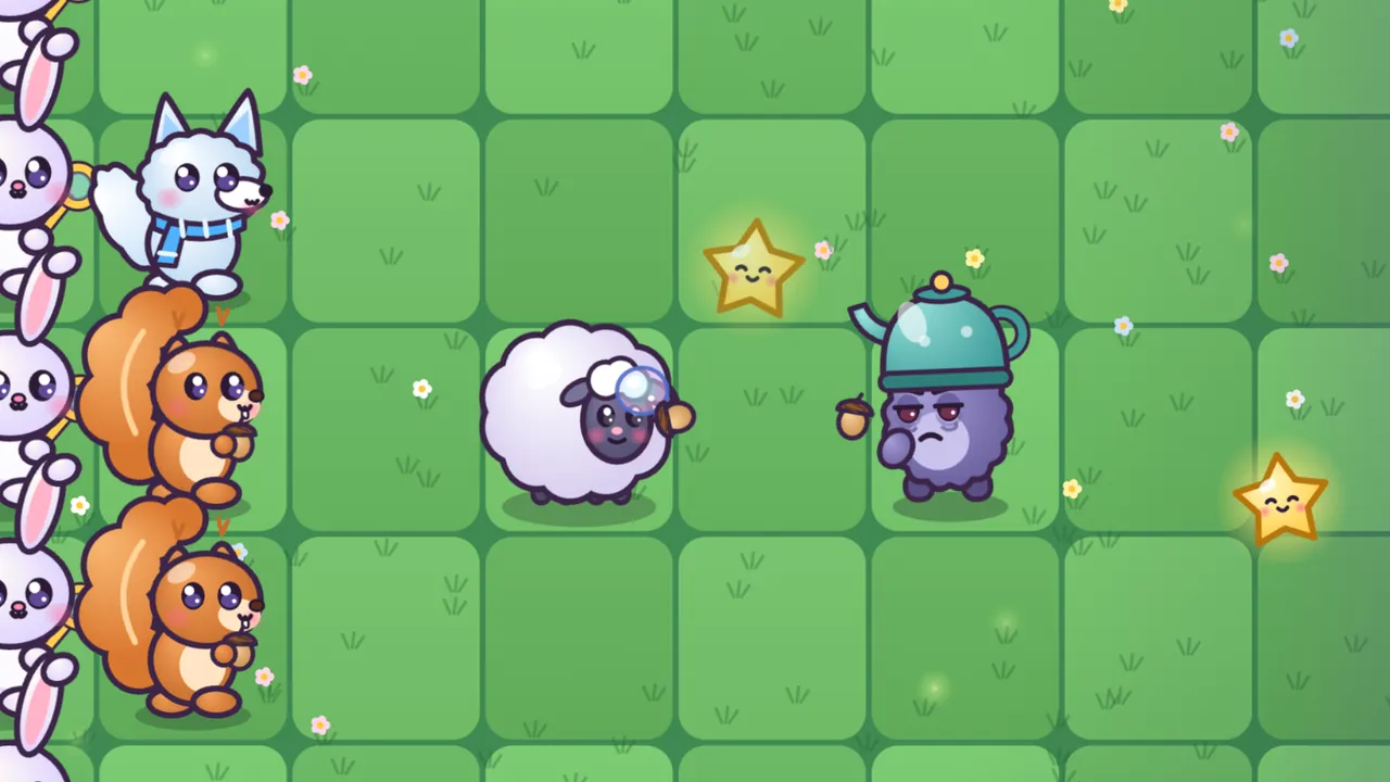 The Kettle Grump, a purple fuzzy Grump wearing a teal tea kettle on its head, walks alone down the middle row of the moonlit meadow toward Woolly, a round white sheep, while two Acorn Pip squirrels throw acorns past the sheep, Frostkit, pale blue with pointed ears and a striped scarf, stands behind them, a column of Bubbun bunnies waits on the far left, and two glowing stardust stars lie on the grass