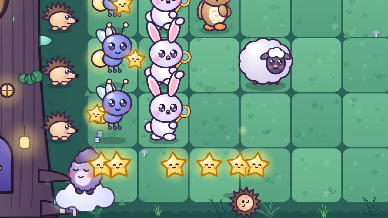 The bottom row in the Whispering Woods right after its Rolly rolled: a Grumplet sits asleep on a little white cloud by the burrow, six glowing smiling stardust stars lie in a line along the row, and the Rolly, curled into a spiky ball, rolls on along the bottom edge, while Lumi Fireflies with glowing tails, Bubbun bunnies and Woolly the sheep hold the rows above