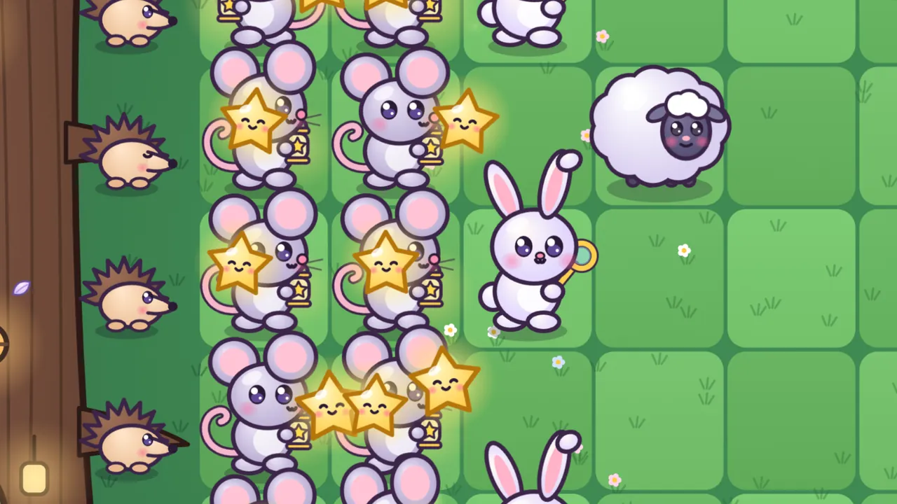 Close-up of the meadow lawn: two columns of Twinkle Mice holding little star lanterns, with glowing smiling stardust stars popping up all over them, three Rolly hedgehogs waiting by the tree trunk on the left, and two Bubbun bunnies with bubble wands and Woolly, a fluffy white sheep, on the right