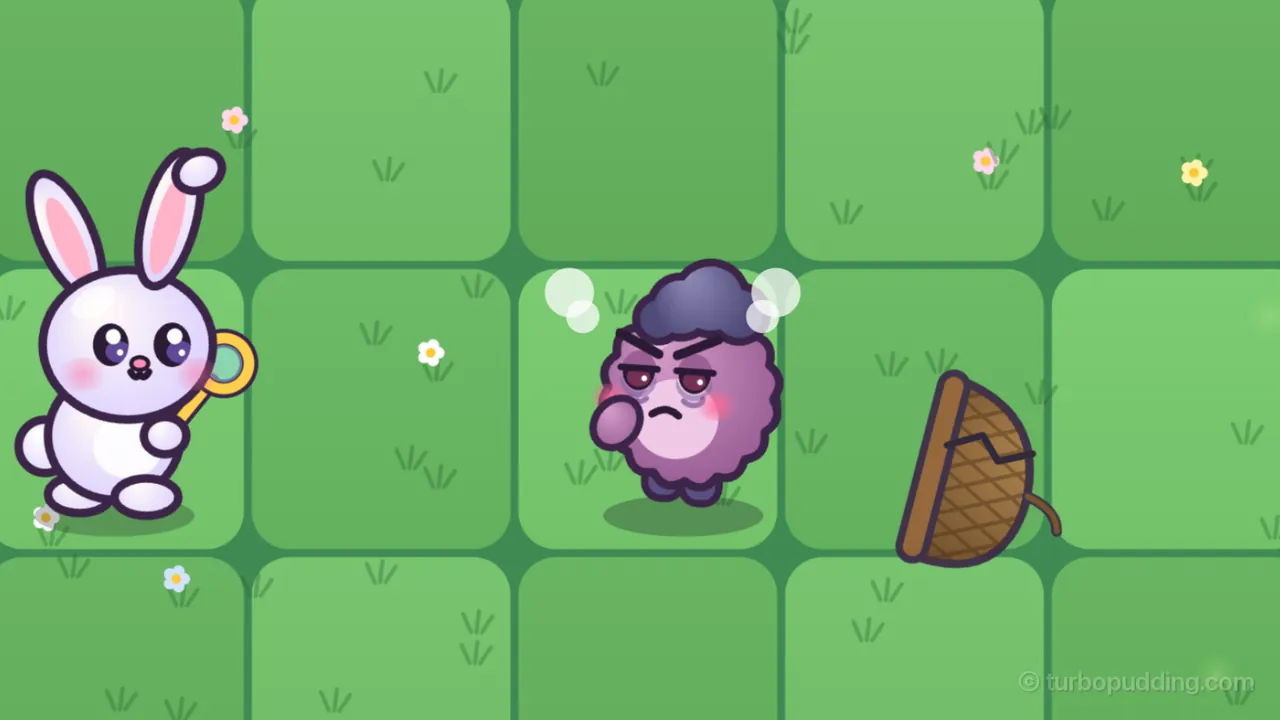 A close-up of Moonberry Meadow at night: on the left, a white Bubbun bunny with pink-lined ears, one ear tip flopped over, holds up a yellow bubble wand; two squares to the right, a round purple Grumplet with a dark tuft of hair, flushed pink, frowns with heavy-lidded red eyes and puffs out two little clouds of steam; just behind it, its cracked brown acorn cap tumbles upside down through the air onto the grass