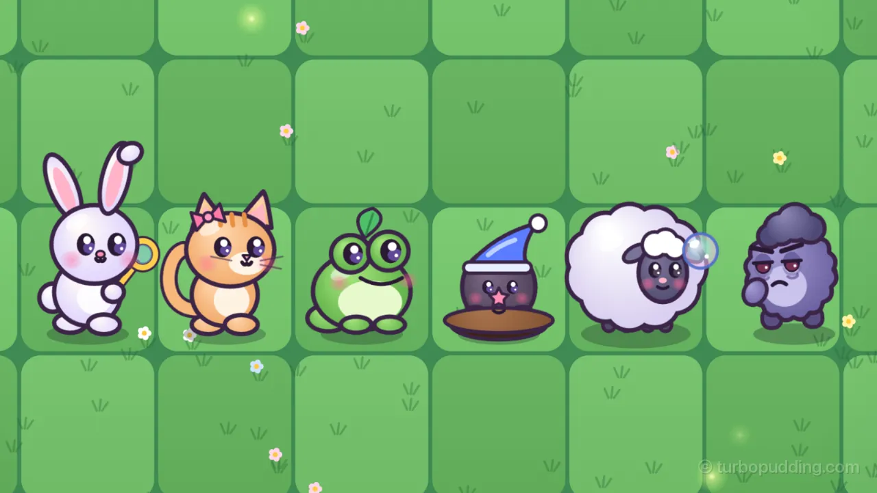 Five Fluffs in a row on the green meadow lawn at night, left to right: a white Bubbun bunny with pink-lined ears and one ear tip flopped over, holding a yellow bubble wand; Achoo Kitty, an orange tabby kitten with a pink bow and three stripes on her forehead; Gulpy Frog, round and green with a pale belly and a leaf on its head; Dozy Mole, a dark purple mole in a blue nightcap with a white pom-pom, sitting in its dirt hole; and Woolly the sheep, a big white cloud of wool with a gray face, a soap bubble drifting past; on the far right a grumpy purple Grumplet with a dark tuft of hair and heavy-lidded red eyes walks toward them
