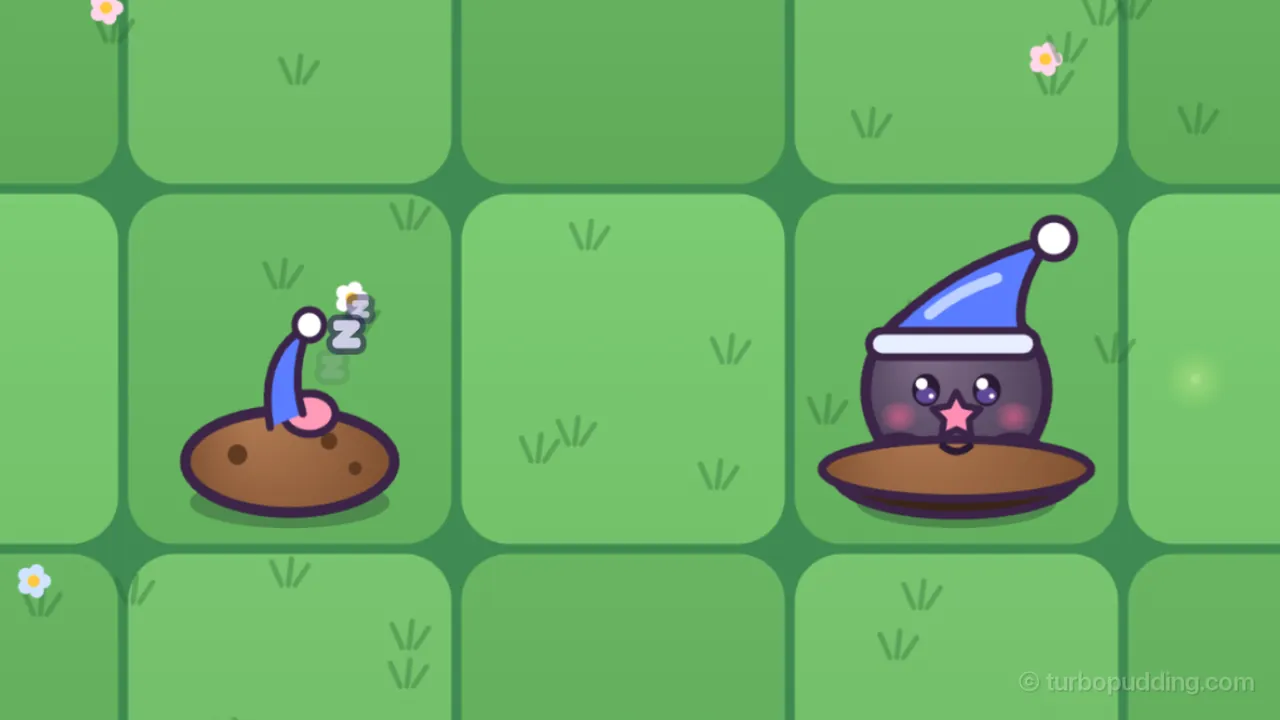Two squares of the meadow lawn at night: on the left, a Dozy Mole still asleep underground, only a round brown mound of dirt with a pink nose and the bent tip of a blue nightcap with a white pom-pom poking out, gray Zs drifting up; on the right, a second Dozy Mole wide awake in its hole, a round dark purple mole with rosy cheeks, a pink star on its chest and a tall blue nightcap with a white pom-pom