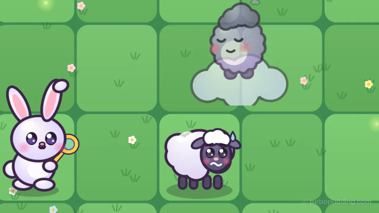 A close-up of the meadow lawn at night: in the middle, Woolly the sheep, a white cloud of wool on four dark legs with a gray face and a white curl on top, looks up with big worried eyes, a wobbly mouth and a blue drop of sweat by one ear; above and to the right, a purple Grumplet, eyes closed and smiling, rises away on a pale see-through nap cloud; on the left, a white Bubbun bunny holds its yellow bubble wand