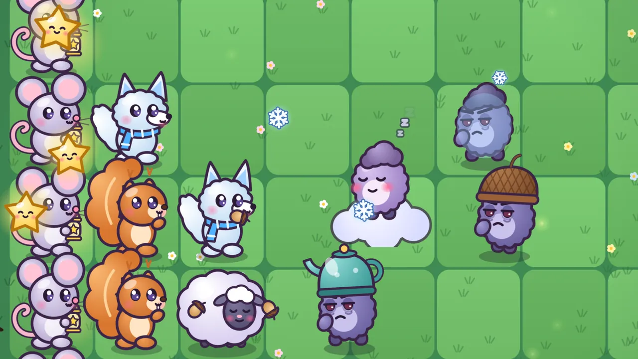 A close-up of Moonberry Meadow, where two white Frostkits with pointy blue-tipped ears and blue striped scarves throw glowing snowflakes to the right, next to two orange Acorn Pip squirrels with big curled tails, a fluffy white sheep and a column of lilac Twinkle Mice with lanterns on the left, while across the grass a purple Grump has fallen asleep on a white cloud with a little Zz above it, a pale blue frosted Grump comes on behind it, a grumpy Grump in a teal tea kettle hat walks in front, and another Grump wears a big brown acorn cap