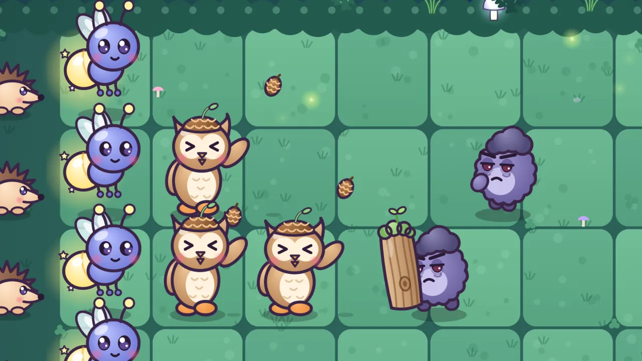 A close-up of the woods lawn at night, where three round brown Pinecone Owlets with pinecone caps and little green sprouts squeeze their eyes shut as they swing a wing up to throw, two pinecones flying in a high arc across the grass, toward a purple Grump hiding behind a tall wooden bark plank with a sprout on top, while another purple Grump frowns further back, and a column of blue Lumi Fireflies with glowing tails and a row of hedgehogs wait on the left