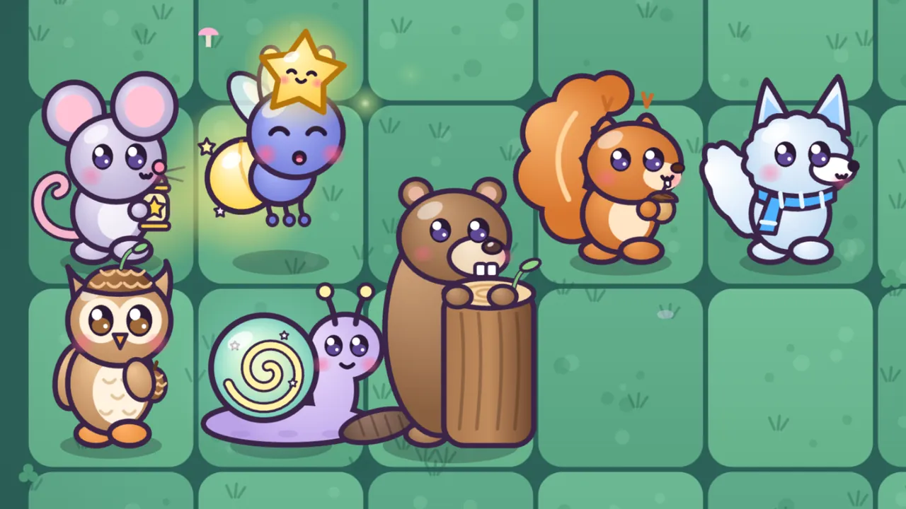 Seven Fluffs standing together on the green woods lawn at night: a lilac Twinkle Mouse with pink ears holding a small gold star lantern, a round blue Lumi Firefly with a glowing yellow tail and a smiling star popping over her head, an orange Acorn Pip squirrel with a big curled tail holding an acorn, a white Frostkit fox kit in a blue striped scarf, and in front a round brown Pinecone Owlet with a pinecone cap and a sprout, a lilac Glowshell Snail with a glowing swirly mint shell, and a brown Stumpy Beaver with buck teeth peeking over a tall tree stump