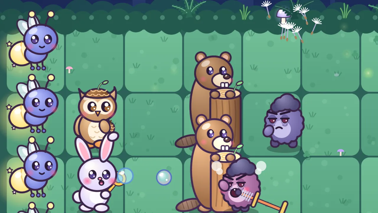 A close-up of the woods lawn at night, where two brown Stumpy Beavers with buck teeth and flat tails peek over tall tree stumps with little sprouts on top, one behind the other, and a purple Pogo Grump has just crashed into the lower stump, its pogo stick tipping over, while a second Grump stands frowning on the grass after losing its dandelion puff, white dandelion seeds drifting away at the top, and on the left a white bunny blows bubbles, a brown Owlet stands behind it and a column of blue Lumi Fireflies glows by the edge