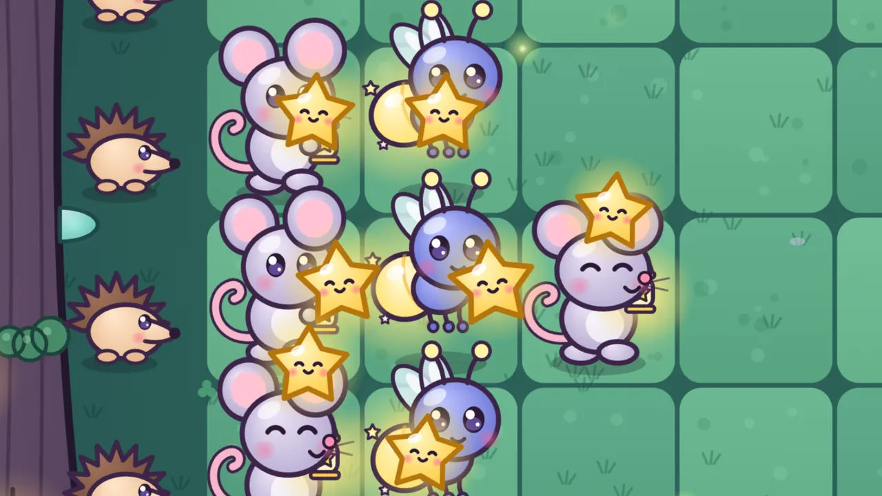 A close-up of the woods lawn at night, where three lilac Twinkle Mice with pink ears and curly pink tails, each holding a small gold lantern with a star inside, stand in a column next to three round blue Lumi Fireflies with see-through wings, yellow antennae and big glowing yellow tail lights, while plump smiling yellow stars pop up out of them, a fourth Twinkle Mouse stands a step to the right with its eyes squeezed shut and a star over its head, and a row of hedgehogs waits by the dark edge of the lawn on the left