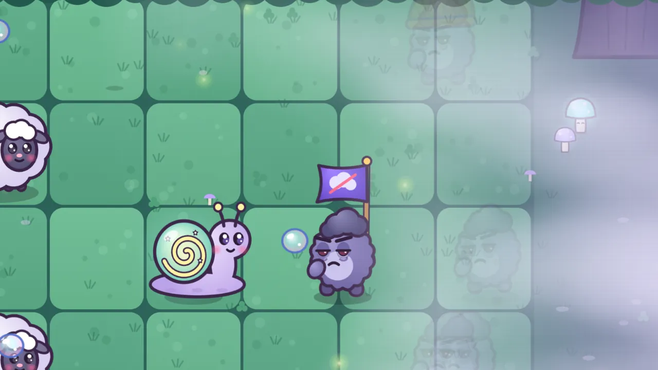 A smiling lilac Glowshell Snail with a glowing green shell and a yellow spiral sits on a clear patch of lawn as a fuzzy purple Flag Grump with red sleepless eyes, carrying a purple flag with a crossed-out cloud, steps out of the white mist toward it with a bubble flying at its face; behind them, deeper in the mist, the faint see-through shapes of more Grumps, one in an acorn cap, and glowing mushrooms at the right edge