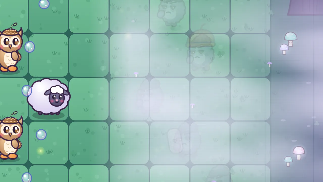 Night 14 in the Whispering Woods: soft white mist covers the right side of a green lawn of square tiles, and inside it the faint, see-through shapes of Grumps can just be made out, a Grumplet at the top, a Grump in an acorn cap and one holding a pillow lower down; on the clear left side a fluffy white Woolly sheep stands in the middle row with a brown Pinecone Owlet in an acorn hat above and below it, bubbles float toward the mist, and small glowing mushrooms grow along the right edge