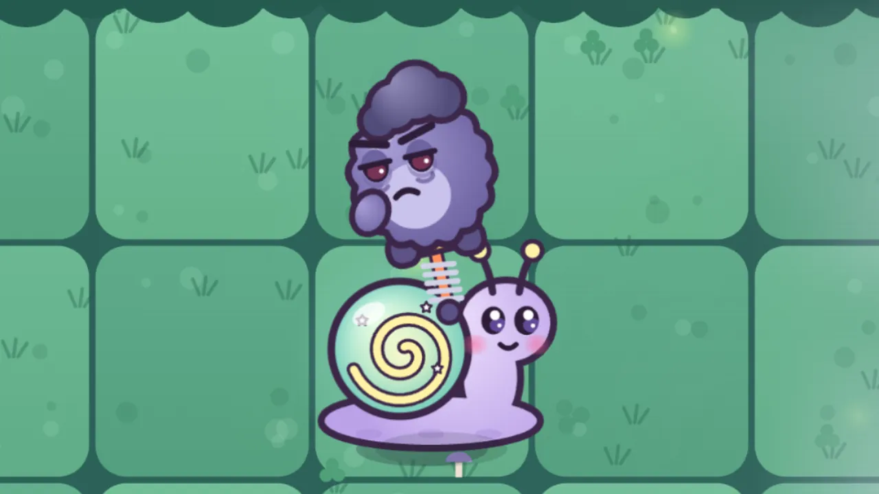 A Pogo Grump, a fuzzy purple Grump with red eyes and a grumpy frown, is in mid-air on a spring pogo stick right above a smiling lilac Glowshell Snail with a glowing green shell and a yellow spiral, about to bounce over it to the left, on a lawn of green square tiles at the top of the field